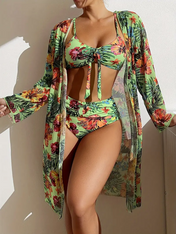 Conjunto de bikini de Tres Piezas con Control de Abdomen y Estampado Floral